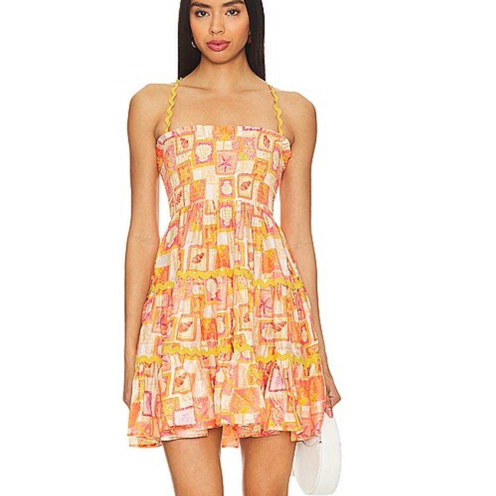 Sundress Tea Dress Milos Print Colorful Patchwork Mini strappy Ties Revolve L/XL